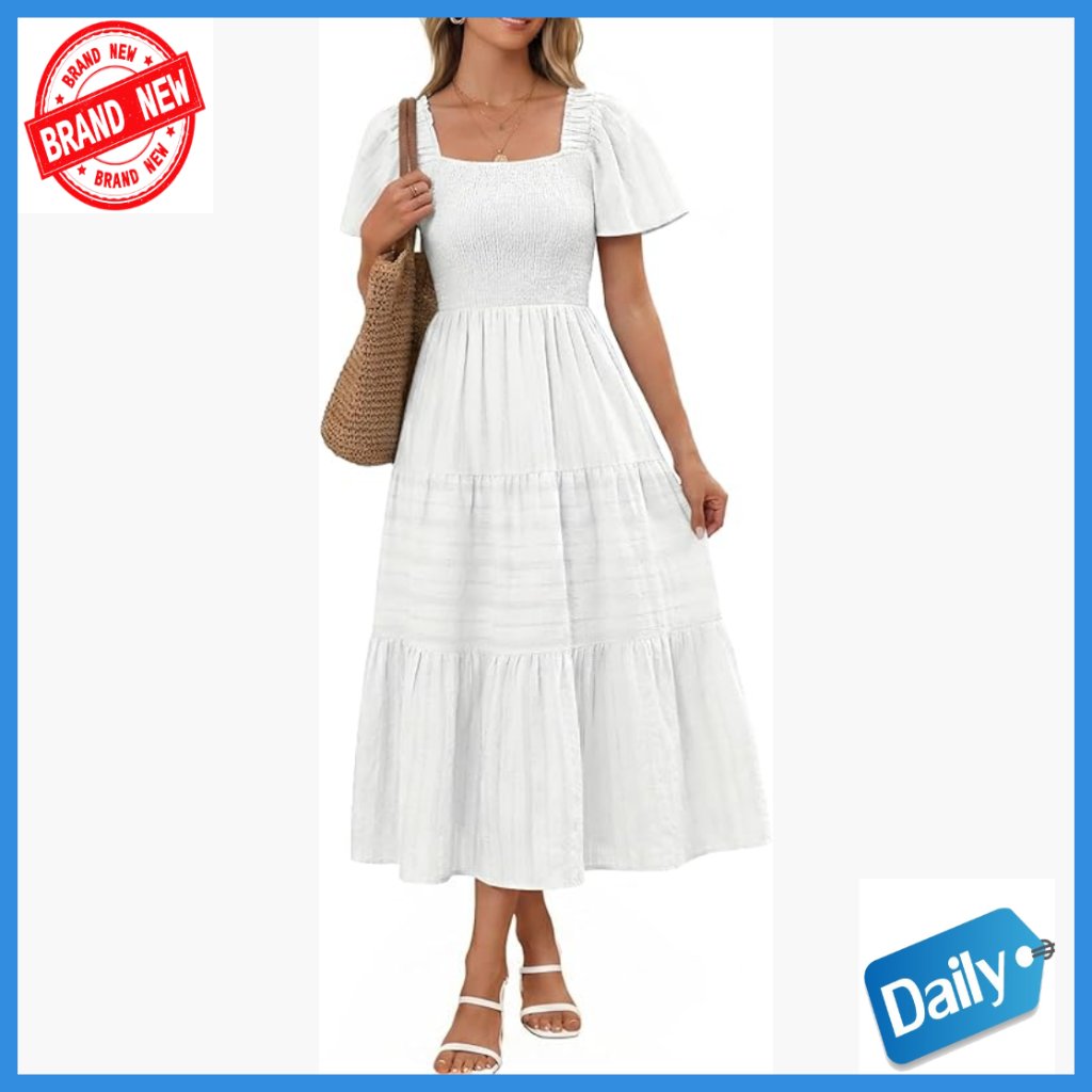 White Midi Dress With Pockets, Square Neck, Smocked Bodice, Flowy A-Line